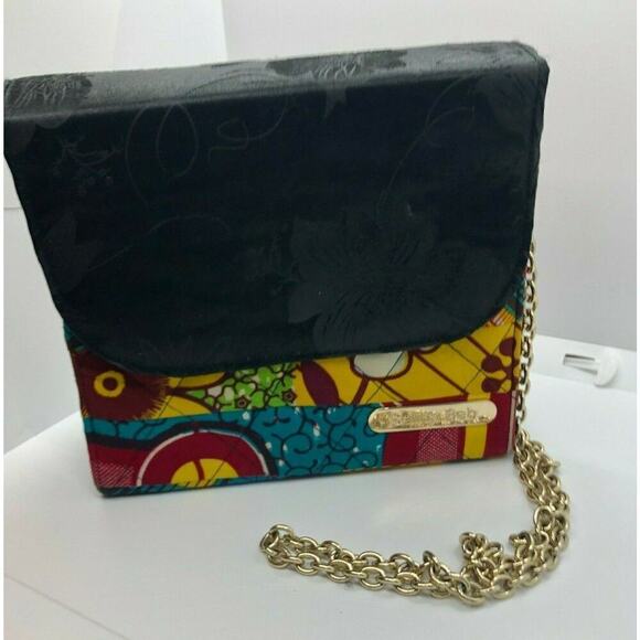 Selina Beb Black Multicolor Ethnic Print Structured Shoulder Crossbody Bag Purse - Picture 1 of 8
